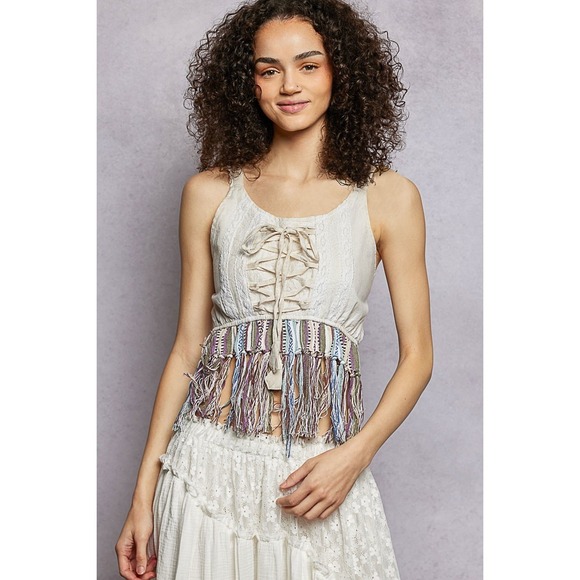 POL Tops - POL Lace-Up Fringe Hem Tank with Lace Detail - Large